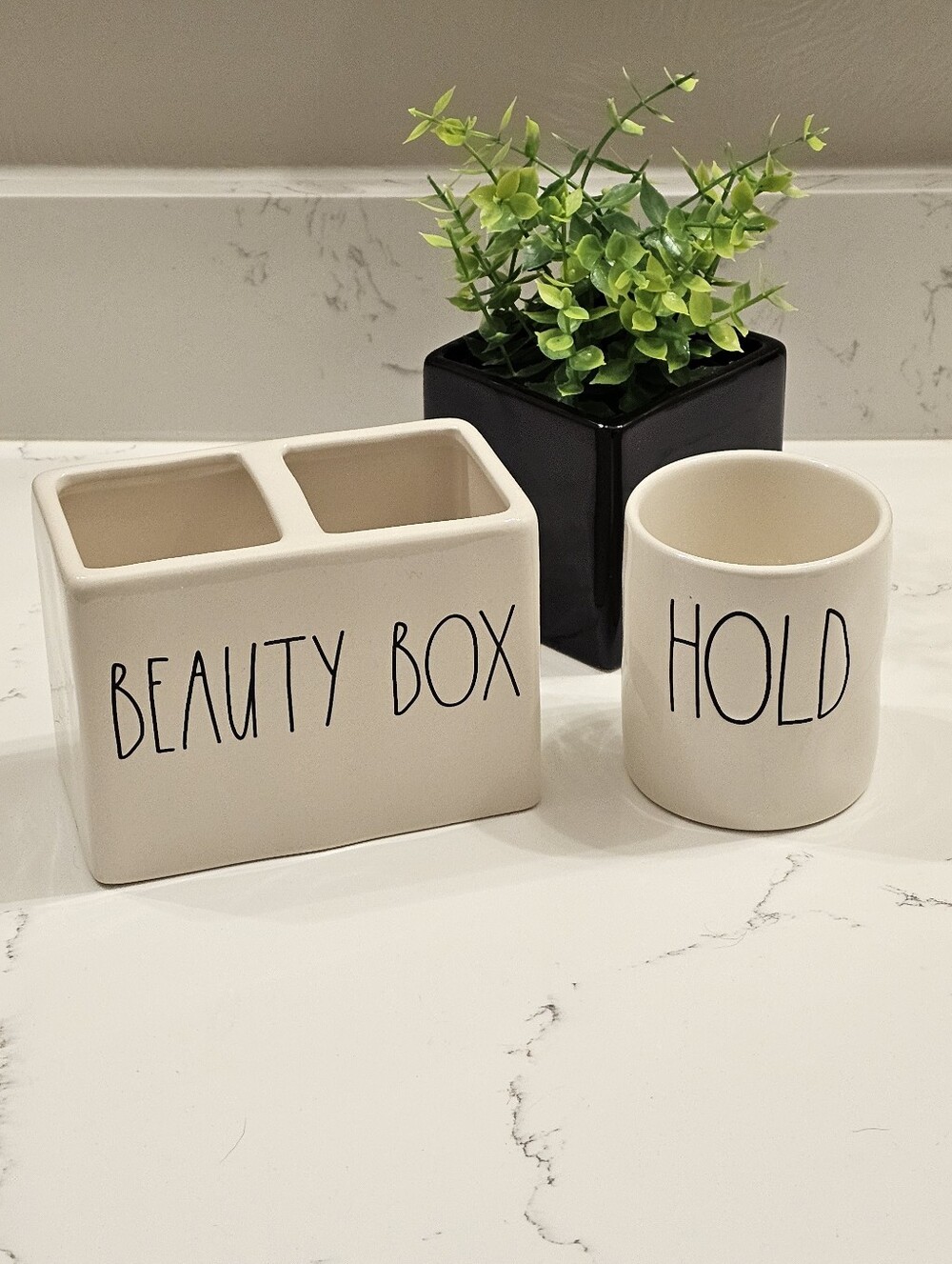 Rae Dunn Ceramic 'Beauty Box' & 'Hold' Organizer Set